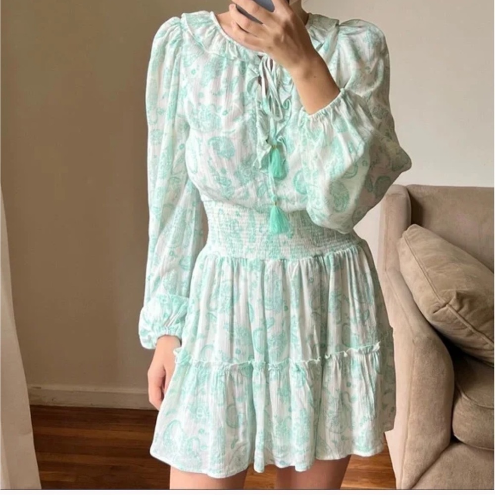 NWT House of Harlow 1960 Ruffle Smocked Waistband Green Gold Paisley print Dress
